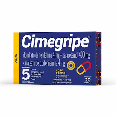 Cimegripe Cloridrato Fenillefrina 4mg + Paracetamol 400mg + Maleato de Clorfeniramina 4mg 20 cápsulas