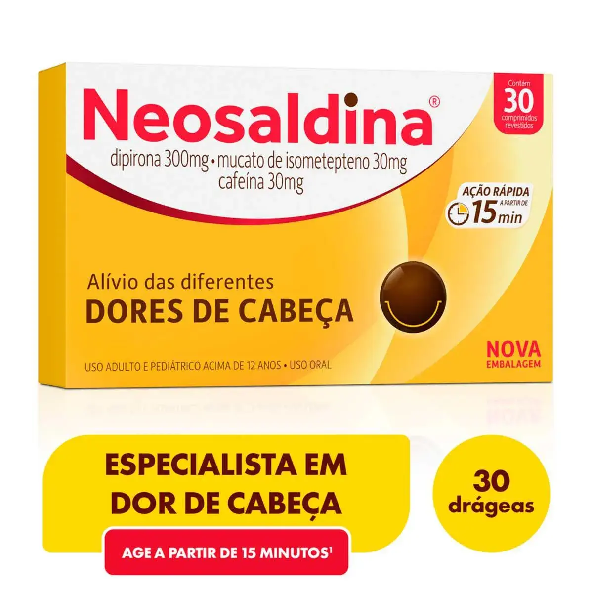 Neosaldina Dipirona 300mg + Mucato de Isometepteno 30mg + Cafeína 30mg 30 drágeas