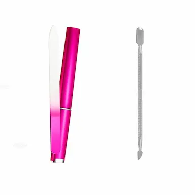 LIXA DE UNHA VIDRO COM ESTOJO ROSA + ESPáTULA DE CUTíCULA DUPLA INOX