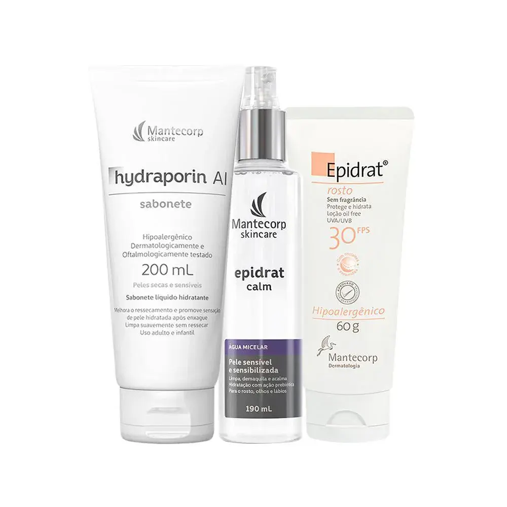KIT FACIAL MANTECORP EPIDRAT - SABONETE DE LIMPEZA HYDRAPORIN E ÁGUA MICELAR E CREME HIDRATANTE E ANTIOXIDANTE FPS30 60G