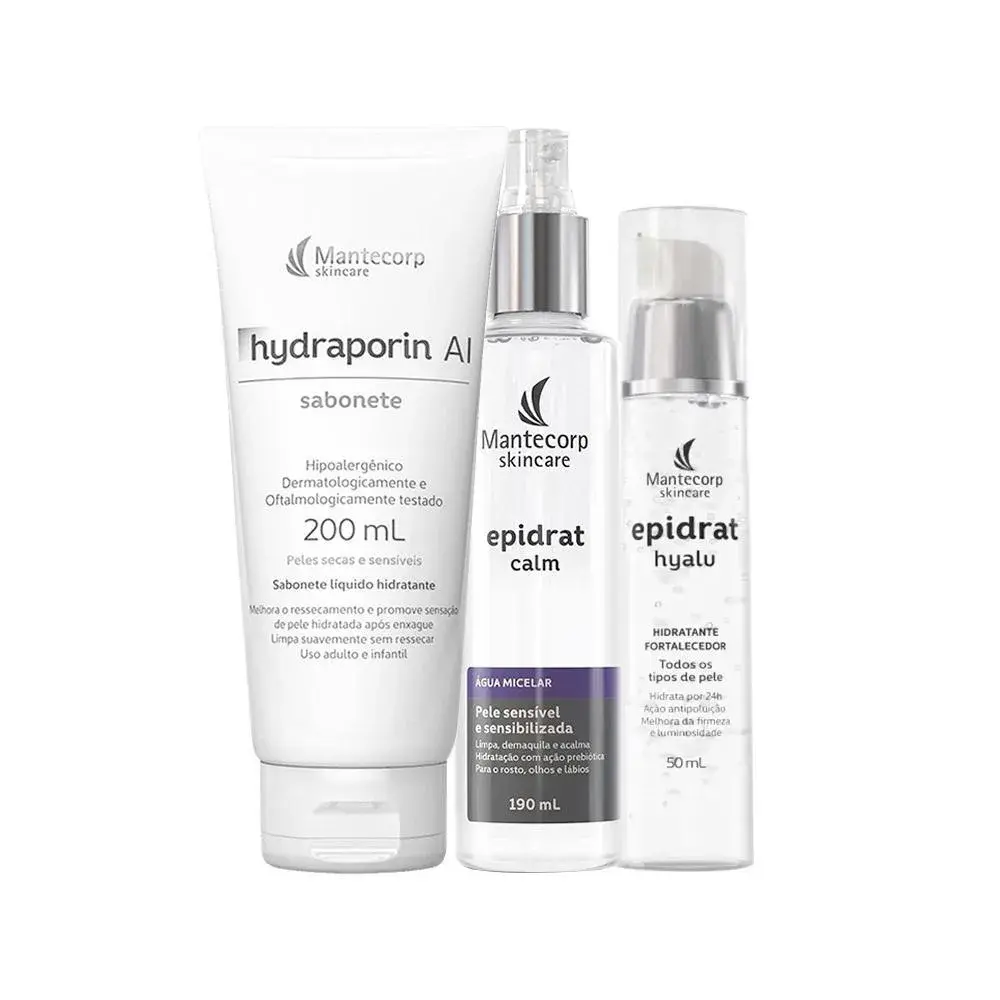 KIT FACIAL MANTECORP EPIDRAT - SABONETE DE LIMPEZA HYDRAPORIN E ÁGUA MICELAR E GEL HIDRATANTE FORTALECEDOR 50ML