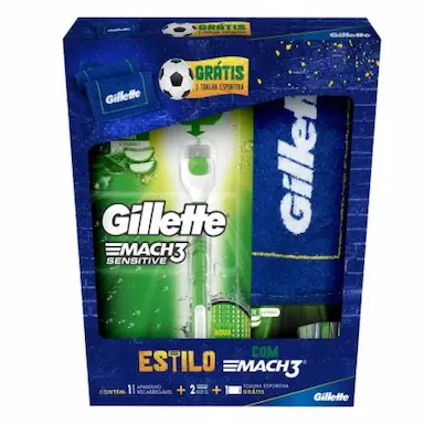 KIT GILLETTE MACH3 SENSITIVE - 1 APARELHO DE BARBEAR RECARREGáVEL + 2 CARGAS + TOALHA