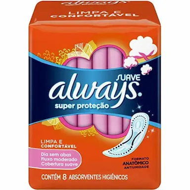 ABSORVENTE ALWAYS SUPER PROTEÇÃO SUAVE S/ABAS 8 UNIDADES