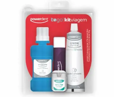 KIT POWERDENT VIAGEM ESCOVA DENTAL + CREME DENTAL + FIO DENTAL + ENXAGUANTE BUCAL