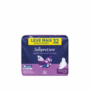 ABSORVENTE SEMPRE LIVRE ADAPT PLUS NOITE E DIA COBERTURA SECA COM ABAS COM 32 UNIDADES - LEVE MAIS PAGUE MENOS