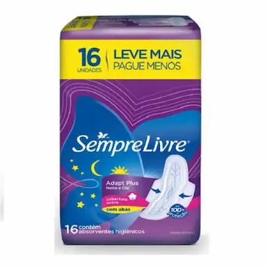 ABSORVENTE SEMPRE LIVRE ADAPT PLUS NOITE E DIA COBERTURA SUAVE COM ABAS 16 UNIDADES – LEVE MAIS PAGUE MENOS