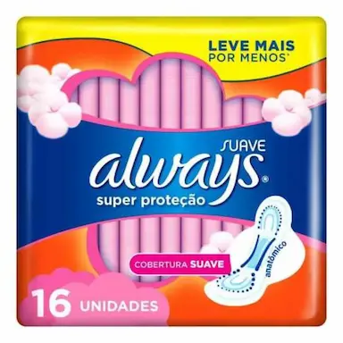ABSORVENTE ALWAYS SUPER PROTEÇÃO COBERTURA SUAVE COM ABAS 16 UNIDADES LEVE MAIS PAGUE MENOS