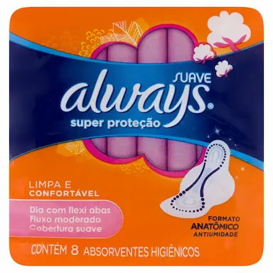 ABSORVENTE ALWAYS SUPER PROTEÇÃO COBERTURA SUAVE COM ABAS 8 UNIDADES