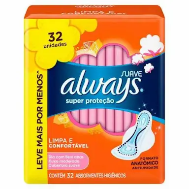 ABSORVENTE ALWAYS SUPER PROTEÇÃO COBERTURA SUAVE COM ABAS 32 UNIDADES LEVE MAIS POR MENOS