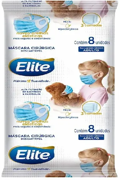 MÁSCARA DE PROTEÇÃO CIRÚRGICA TRIPLA ELITE ORELHA ELASTIZADA 8 UNIDADES