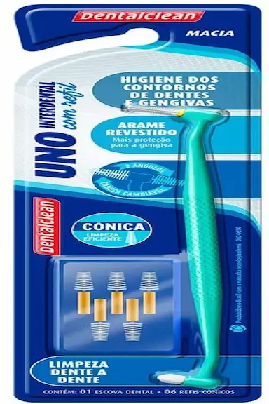 ESCOVA DE DENTES UNITUFO UNO DENTALCLEAN COM SUPORTE PARA INTERDENTAL CÔNICA - GRÁTIS REFIL CÔNICO 6 UNIDADES