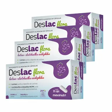 KIT 4 DESLAC FLORA LACTASE + LACTOBACILLUS 30 CáPS MAXINUTRI