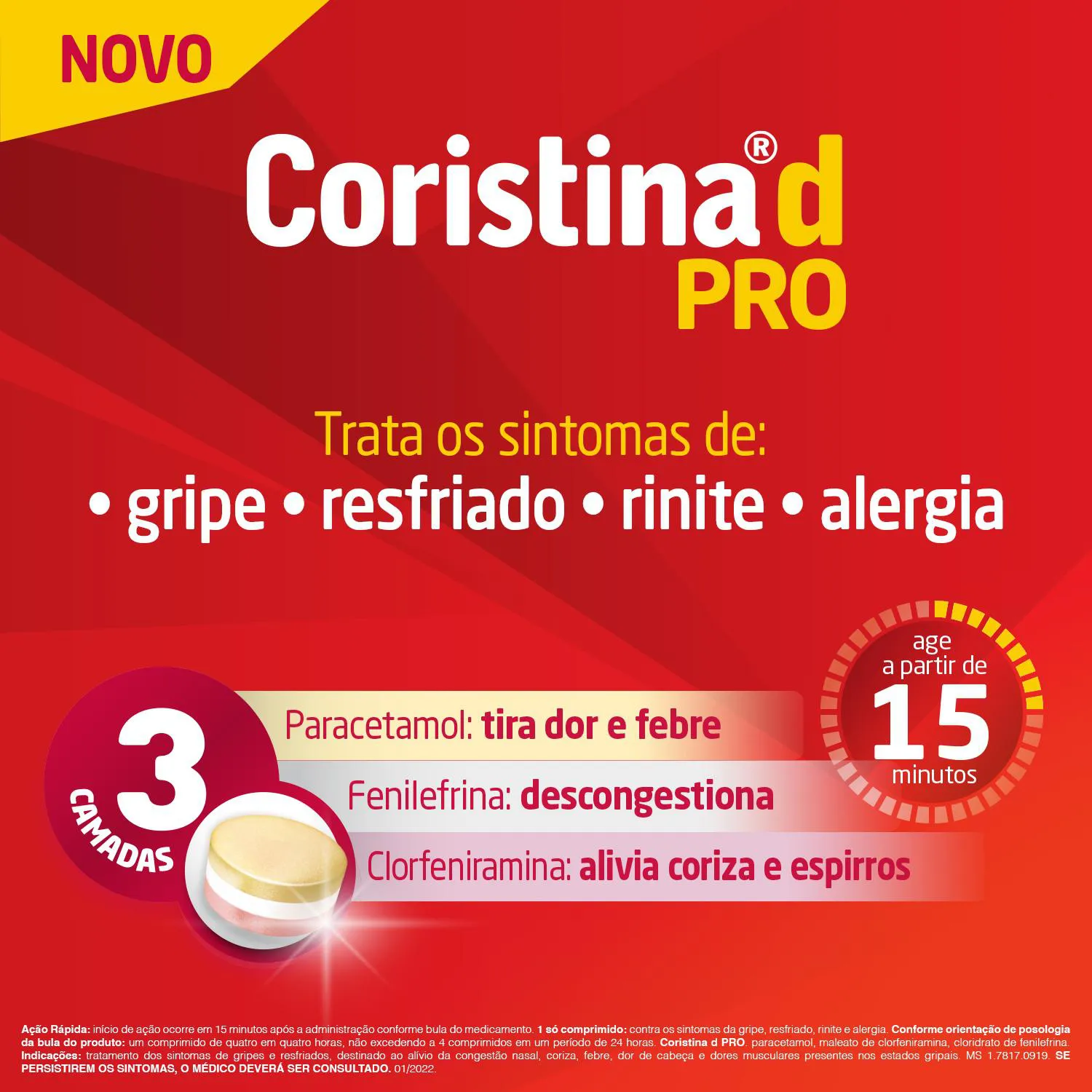 Coristina D Pro Cloridrato Fenillefrina 4mg + Paracetamol 400mg + Maleato de Clorfeniramina 4mg 8 comprimidos