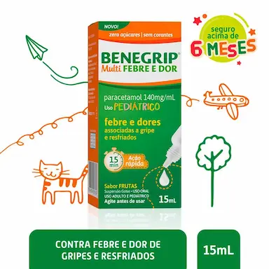 Benegrip Multi Febre e Dor Pediátrico Paracetamol 140mg/ml Frutas Suspensão Gotas 15ml