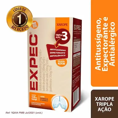 Expec Tripla Ação Oxomemazina 0,4mg/ml + Iodeto de Potássio 20mg/ml + Benzoato de Sódio 4mg/ml + Guaifenesina 6mg/ml Sabor Framboesa e Caramelo Xarope 120ml