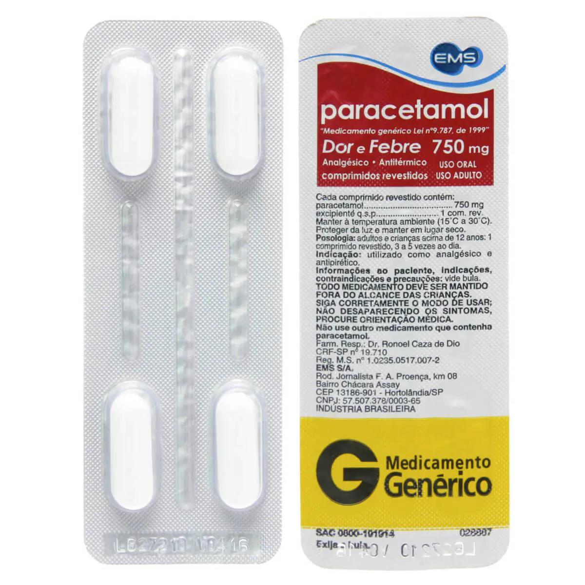 Paracetamol 750mg 4 comprimidos EMS Genérico