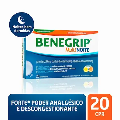 Benegrip MultiNoite Paracetamol 800mg + Cloridrato Fenillefrina 20mg + Maleato de Carbinoxamina 4mg 20 comprimidos