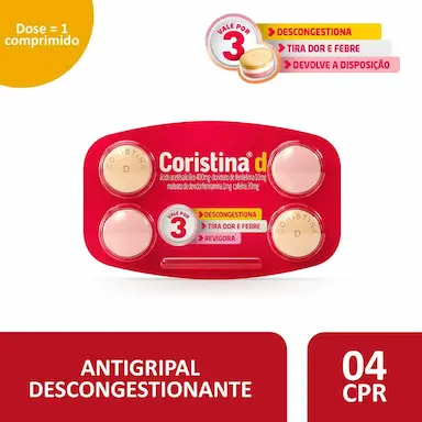 Coristina D Ácido Acetilsalicílico 400mg + Maleato de Dexclorfeniramina 1mg + Cloridrato de Fenilefrina 10mg + Cafeína 30mg 4 comprimidos