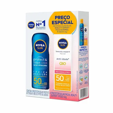 Kit Nivea Sun Protetor Solar Protect & Hidrata FPS 50 200ml + Facial Beauty Expert Anti-Idade Q10 FPS 50 50g