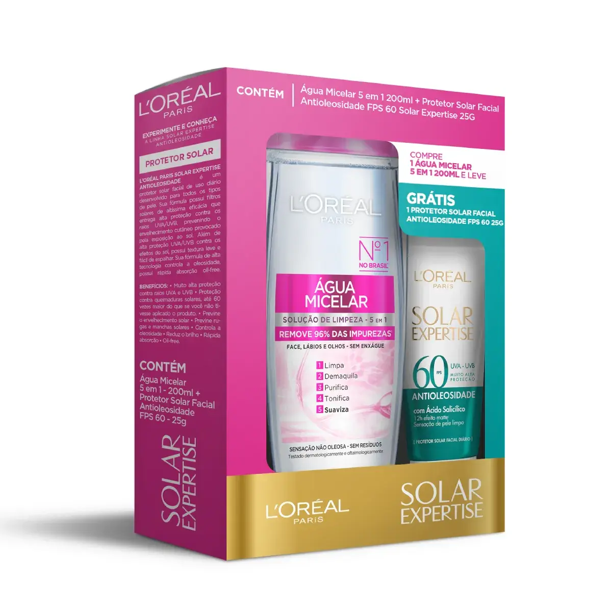 Kit L'Oréal Água Micelar 5 em 1 200ml + Protetor Solar Facial Expertise Antioleosidade FPS 60 25g