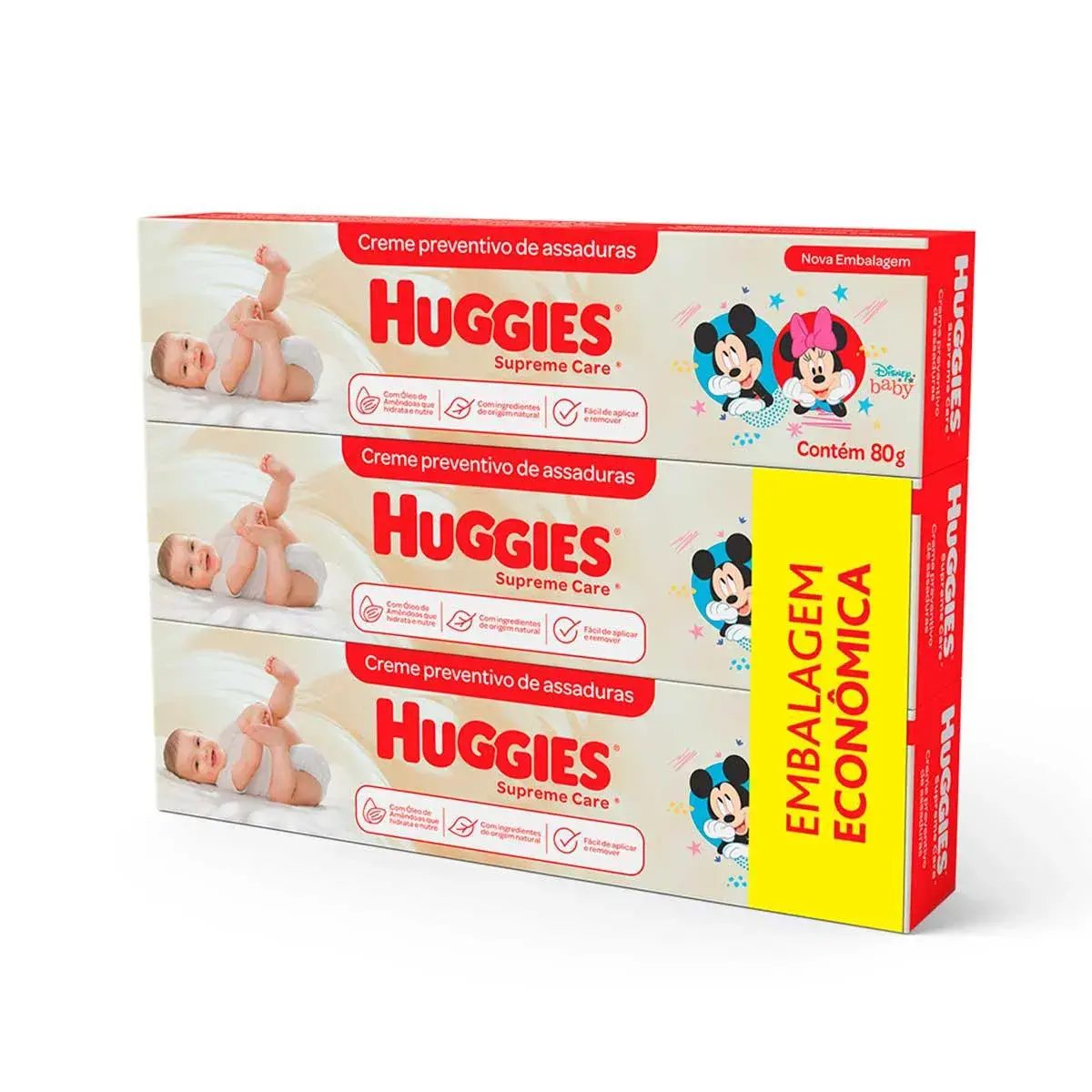 Kit Creme Preventivo de Assaduras Huggies Supreme Care Óleo de Amêndoas 3 unidades de 80g cada