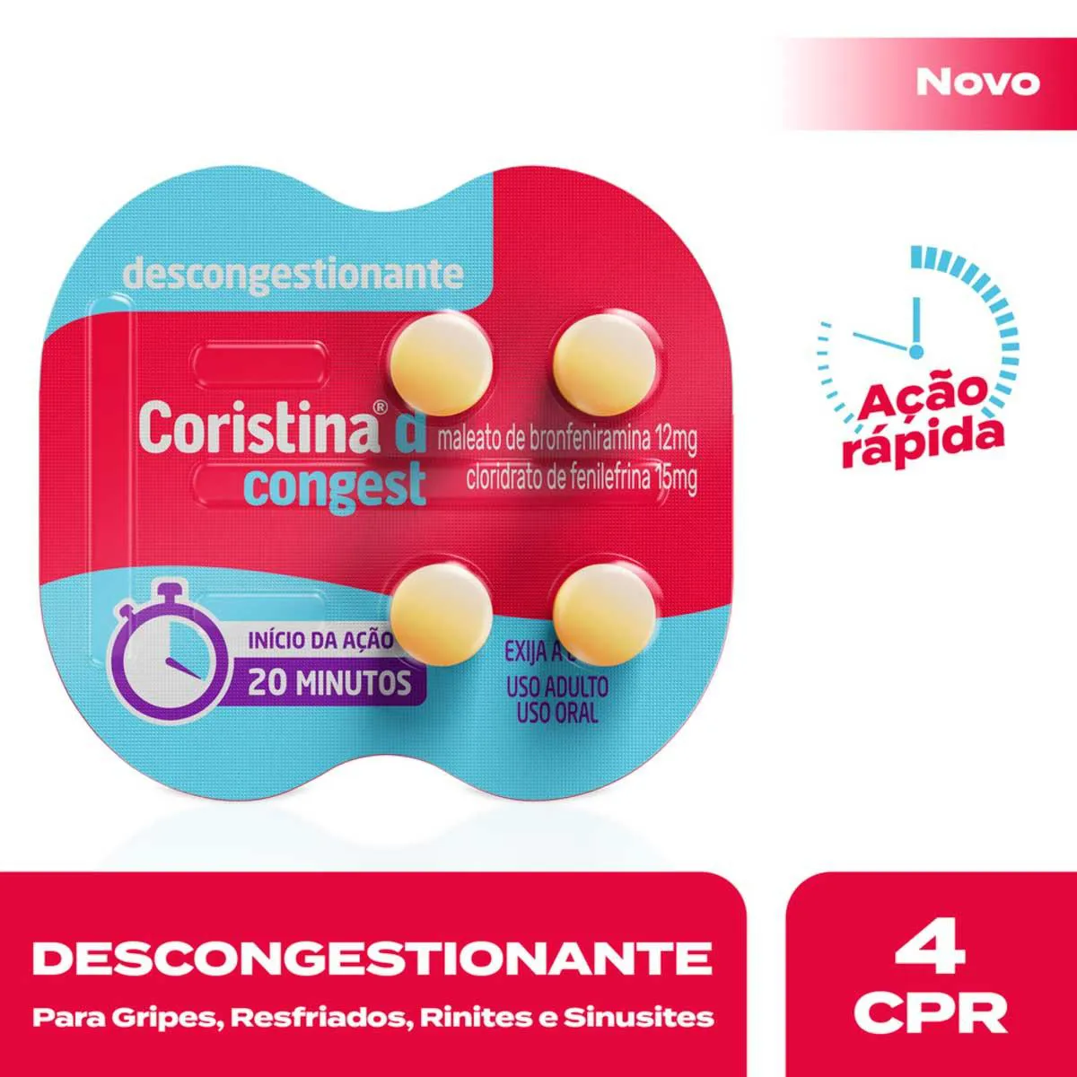 Coristina D Congest Maleato de Bronfeniramina 12mg + Cloridrato de Filefrina 15mg 4 comprimidos