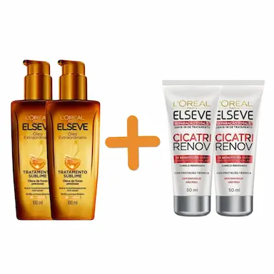 KIT 2 OLEO EXTRAORDINARIO ELSEVE 100ML + 2 LEAVE IN CICATRI RENOV 50ML REPARAçãO TOTAL