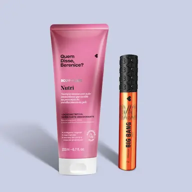 COMBO MAKE PARA OLHOS E CUIDADOS: MáSCARA DE CíLIOS BIG BANG 360 + LOçãO CORPORAL NUTRI 200ML