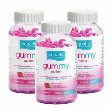 3X SUPER GUMMY EQUALIV MULHER IMUNIDADE ENERGIA VISãO 60 GOMAS Framboesa