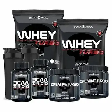 KIT 2 WHEY PROTEIN TURBO + BCAA + CREATINA - BLACK SKULL Morango