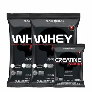 KIT 2 WHEY PROTEIN TURBO 907G + CREATINA TURBO 500G - BLACK SKULL MORANGO