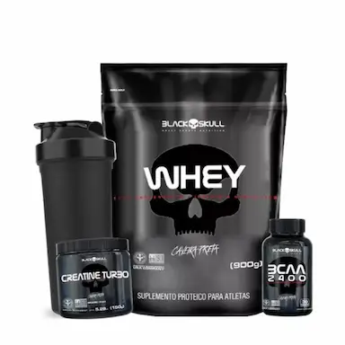 KIT WHEY 900G + BCAA 30 CAPS + CREATINA 150G - BLACK SKULL Baunilha