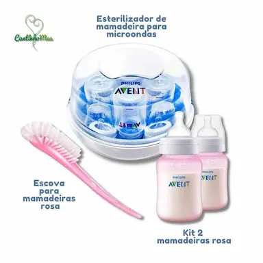KIT ESTERILIZADOR PARA MICROONDAS + ESCOVA PARA MAMADEIRA + 2 MAMADEIRAS ROSA - AVENT