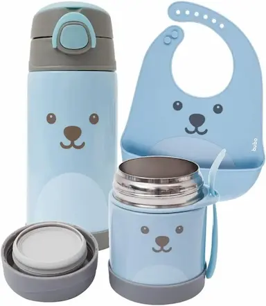 KIT ALIMENTACAO INFANTIL BABADOR + GARRAFA E POTE TERMICO AZUL - BUBA