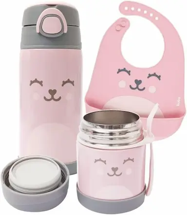 KIT ALIMENTACAO INFANTIL BABADOR + GARRAFA E POTE TERMICO ROSA - BUBA