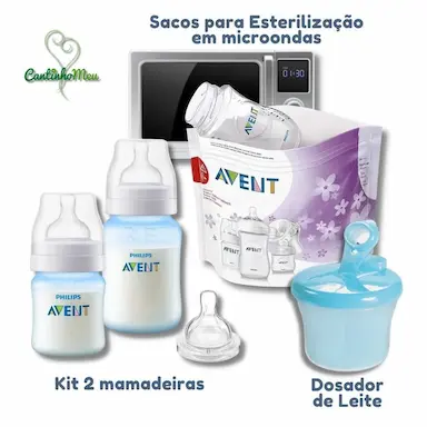 KIT 2 MAMADEIRAS AZUL + DOSADOR DE LEITE + SACOS PARA ESTERELIZAÇÃO MICROONDAS - AVENT