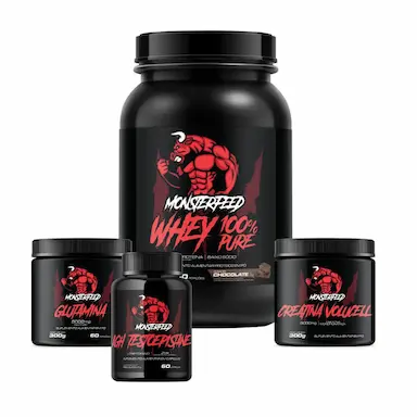 WHEY 100% (907G) + CREA (300G) + GLUTA (300G) +IGH-TESTO (60 CáPSULAS) - CHOCOLATE - MONSTERFEED