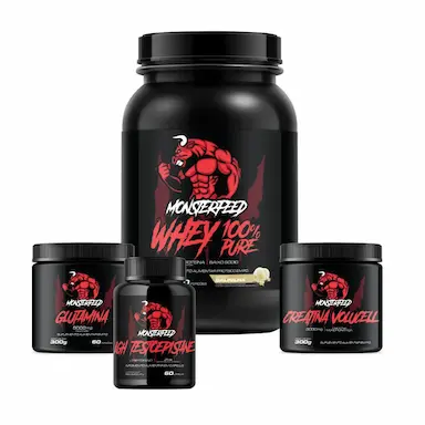 WHEY 100% (907G) + CREA (300G) + GLUTA (300G) +IGH-TESTO (60 CáPSULAS) - BAUNILHA - MONSTERFEED