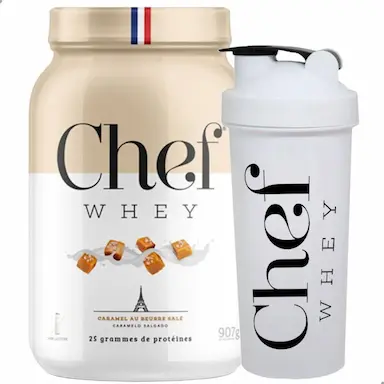 KIT WHEY PROTEIN ZERO LACTOSE CARAMELO SAL 907G + COQUETELEIRA CHEF WHEY