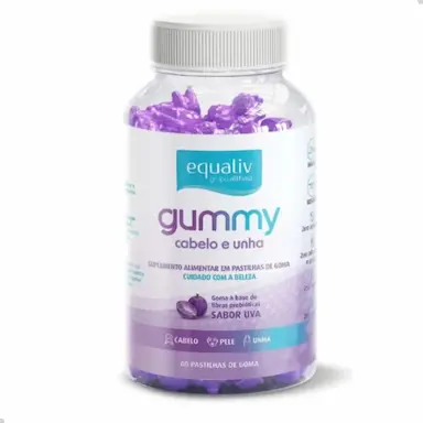 SUPER GUMMY CABELO E UNHA FIBRAS E PREBIóTICOS 3G 60 GOMAS EQUALIV UVA