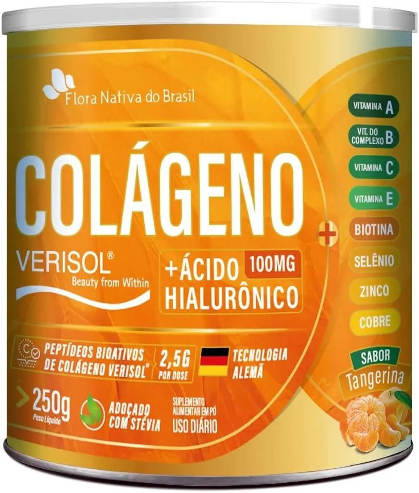 COLáGENO VERISOL + ÁCIDO HIALURôNICO EM Pó 250G SABOR TANGERINA FLORA NATIVA