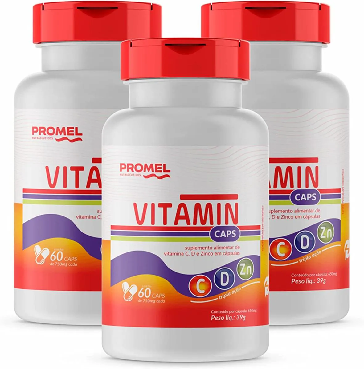 KIT COM 3 VITAMIN PROMEL VIT C, D E ZINCO 60 CAPS DE 750MG