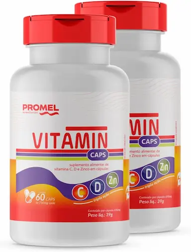 KIT COM 2 VITAMIN PROMEL VIT C, D E ZINCO 60 CAPS DE 750MG