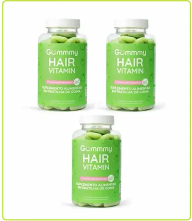KIT COM 3 GUMMY HAIR VITAMINAS SABOR MAçã VERDE COM 60 GOMAS
