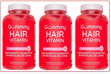 KIT COM 3 GUMMY HAIR VITAMINAS SABOR MORANGO 60 GOMAS