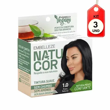 KIT C/03 NATUCOR TINTA 1.0 PRETO NATURAL 12G