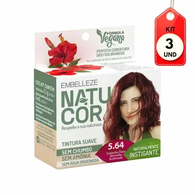 KIT C/03 NATUCOR TINTA 5.64 CASTANHO CLARO VERMELHO ACOBREADO 12G