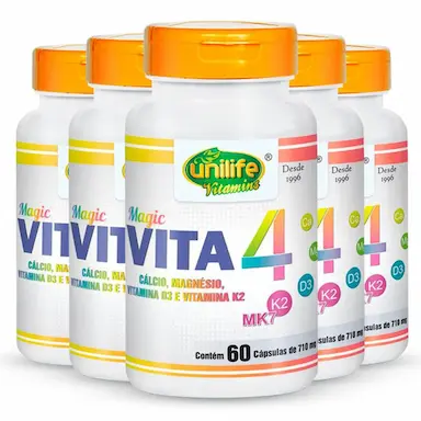 KIT 5 VITA 4 CáLCIO MAGNéSIO VITAMINA D E K2 UNILIFE 60 CáPSULAS