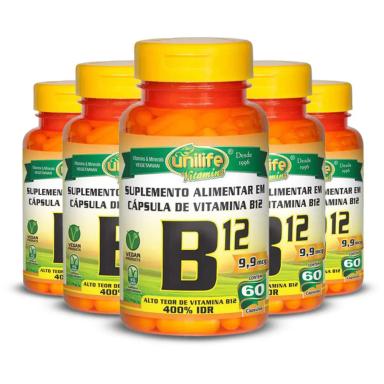 KIT 5 VITAMINA B12 CIANOCOBALAMINA UNILIFE 60 CáPSULAS