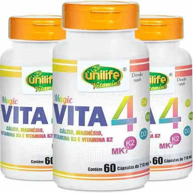 KIT 3 VITA 4 CáLCIO MAGNéSIO VITAMINA D E K2 UNILIFE 60 CáPSULAS